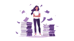 Illustration of a person standing between stacks of documents, representing how unclear retirement planning can be.